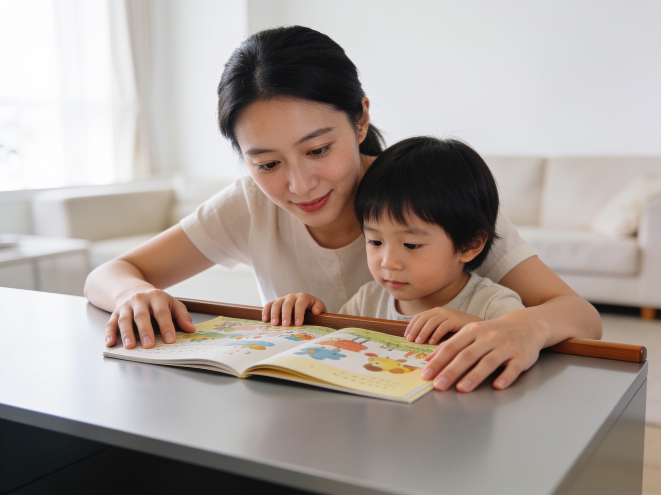 Ibu dan anak sedang membaca buku di ruang tamu yang teduh