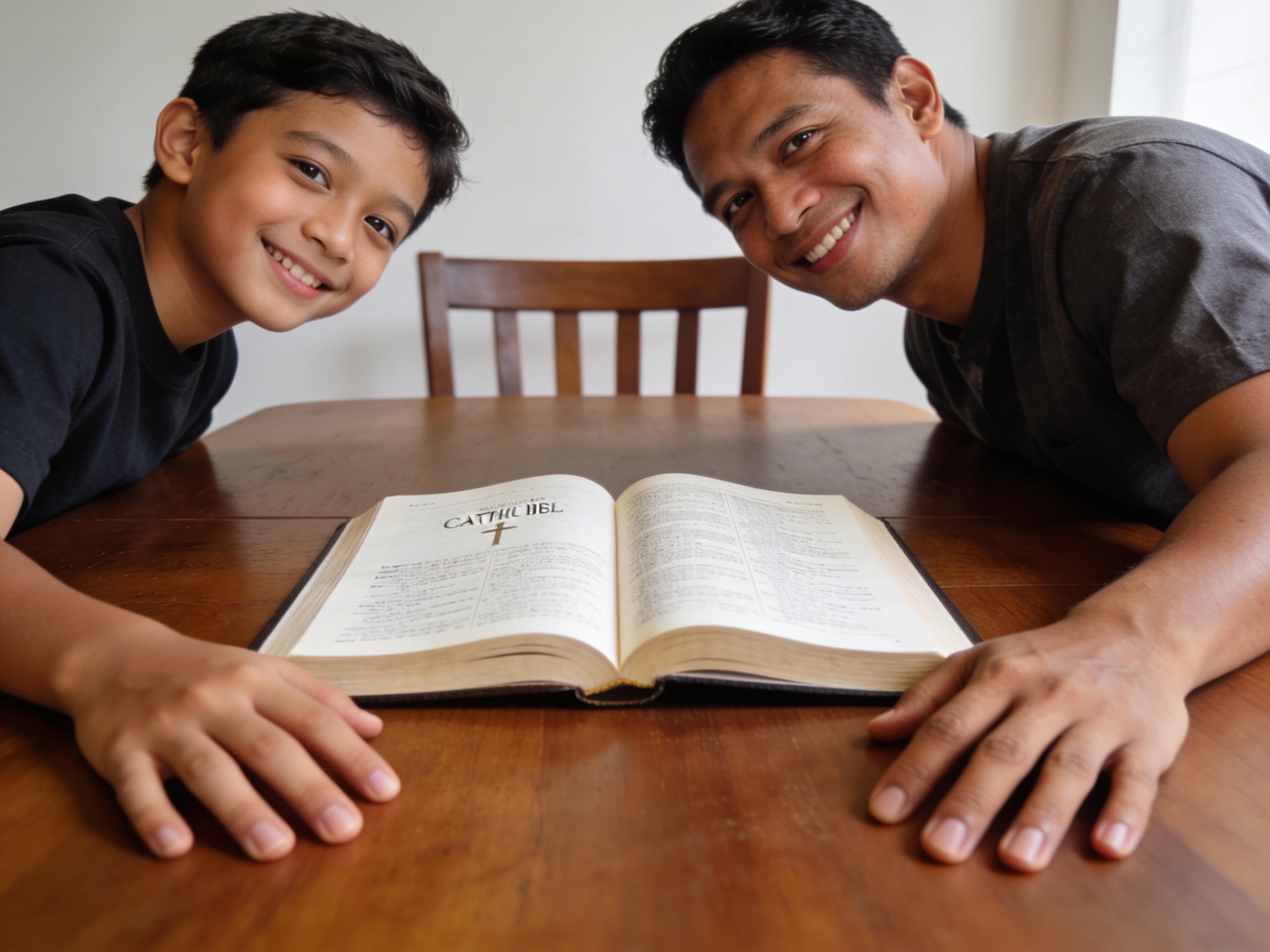 Ayah dan anak mempelajari Alkitab untuk membangun spiritualitas keluarga katolik modern di rumah